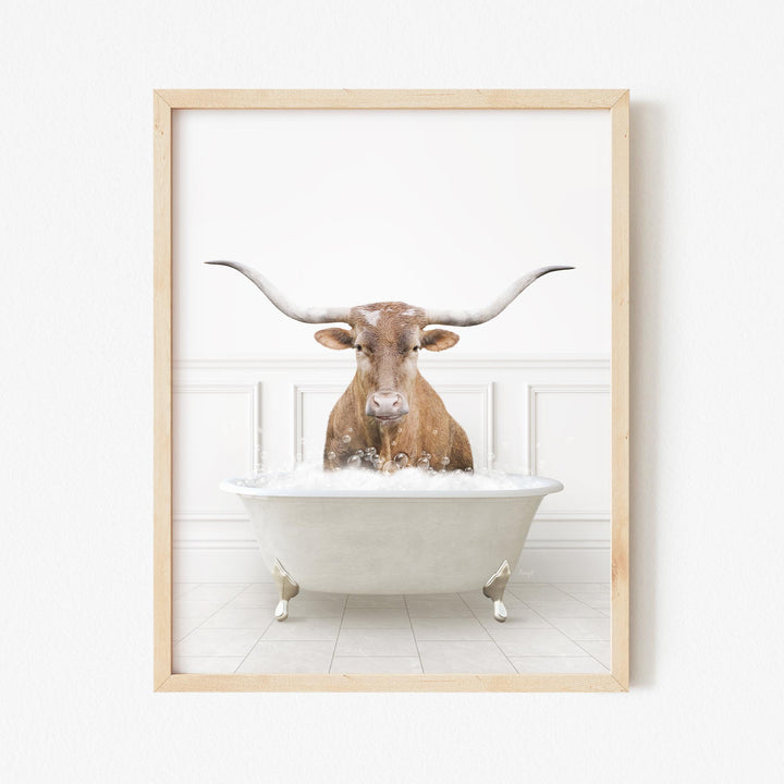 Texas Longhorn Cow in Modern Neutral Bath
