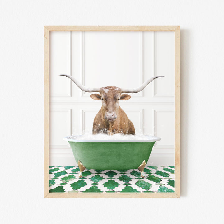 Texas Longhorn Cow in Eclectic Green Panel Wall Bath