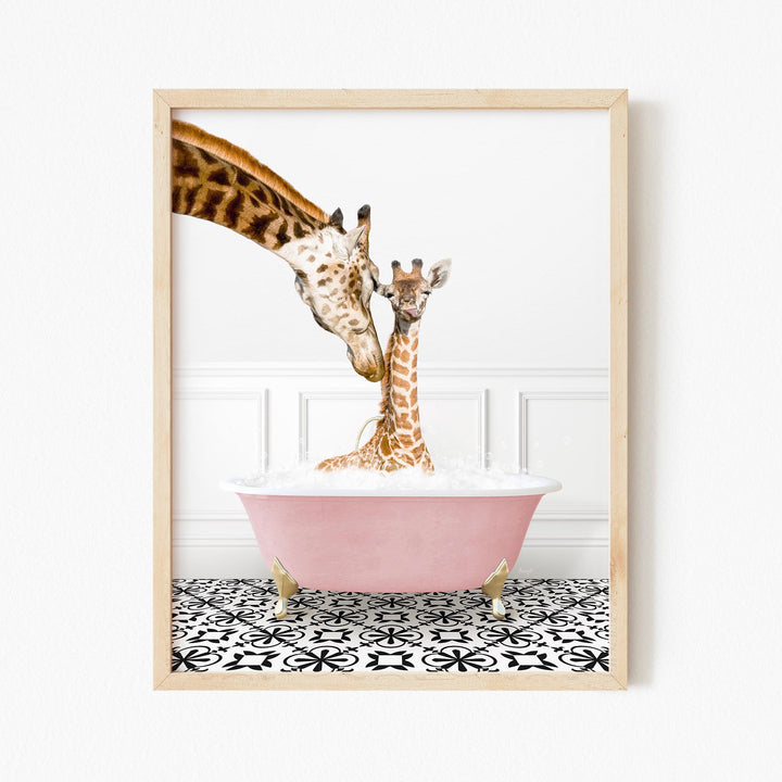 Mother and Baby Giraffe in Stencil Tile with Pink Bathtub Bath