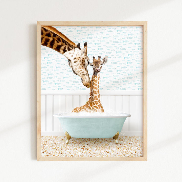Mother and Baby Giraffe in Little Fish Bath