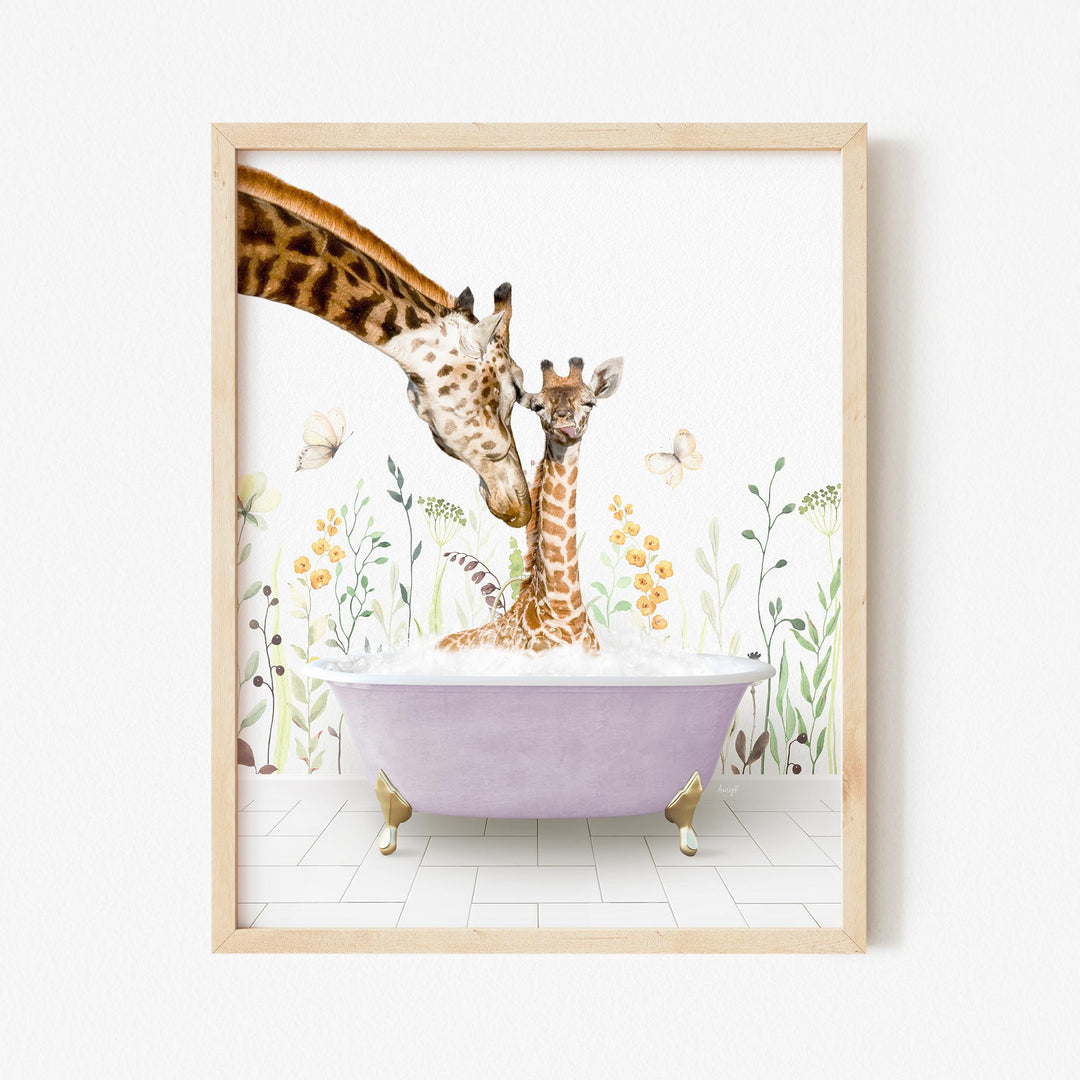 Mother and Baby Giraffe in Spring Bath