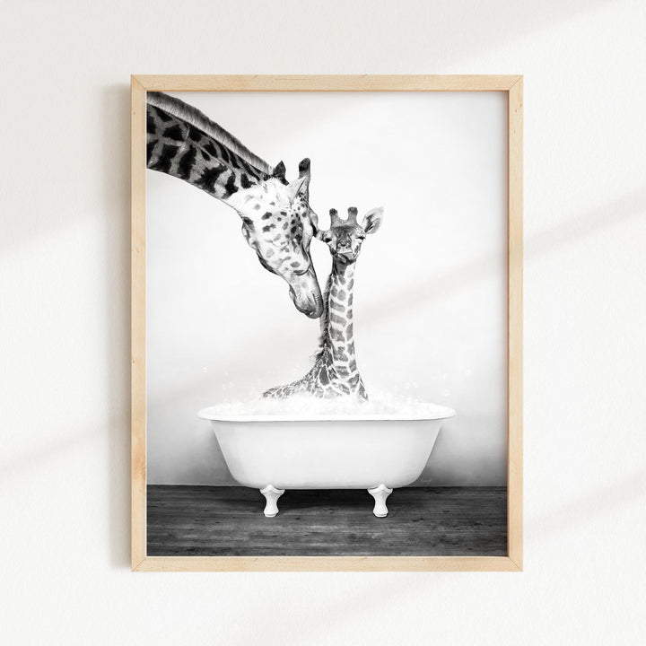 Mother and Baby Giraffe in Rustic Black and White