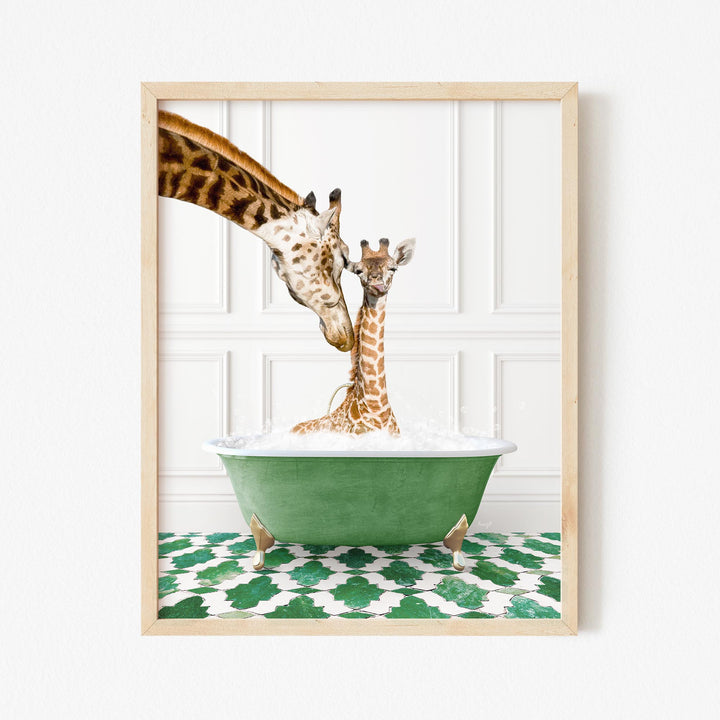 Mother and Baby Giraffe in Eclectic Green Panel Wall Bath