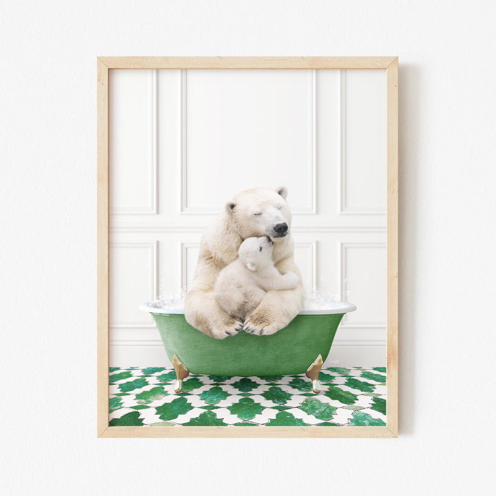 Mother and Baby Polar Bear in Eclectic Green Panel Wall Bath