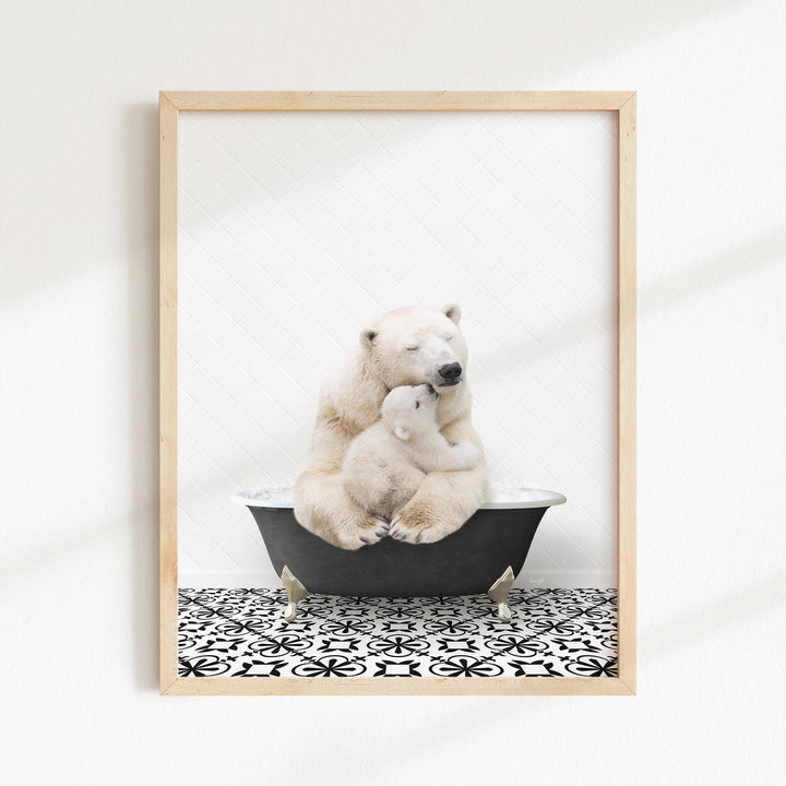 Mother and Baby Polar Bear in Stencil Black & White Bath