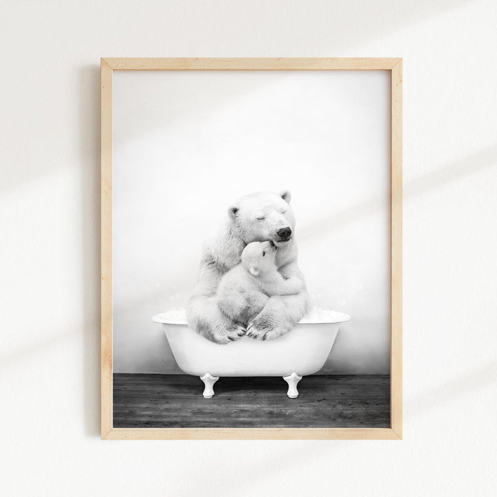 Mother and Baby Polar Bear in Rustic Black and White