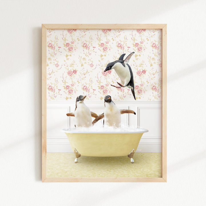 Penguins Playing in Vintage Yellow Bath