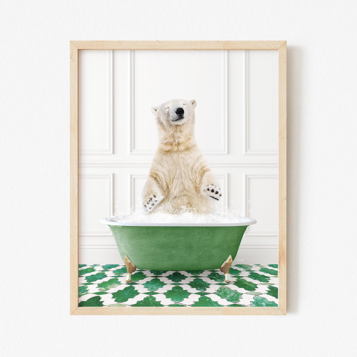 Polar Bear in Eclectic Green Panel Wall Bath