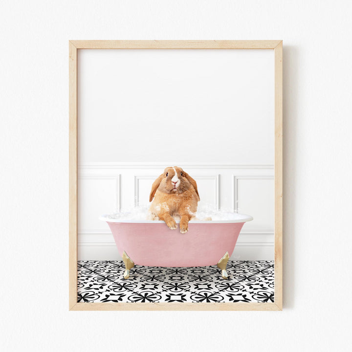 Pudgy Bunny in Stencil Tile with Pink Bathtub Bath