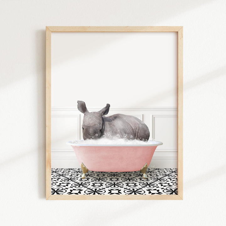 Baby Rhino in Stencil Tile with Pink Bathtub Bath