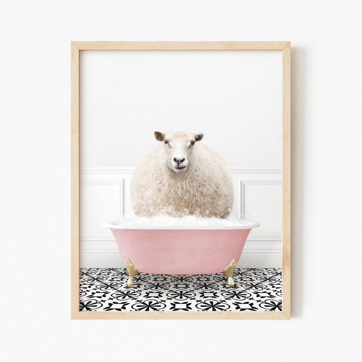 Sheep in Stencil Tile with Pink Bathtub Bath