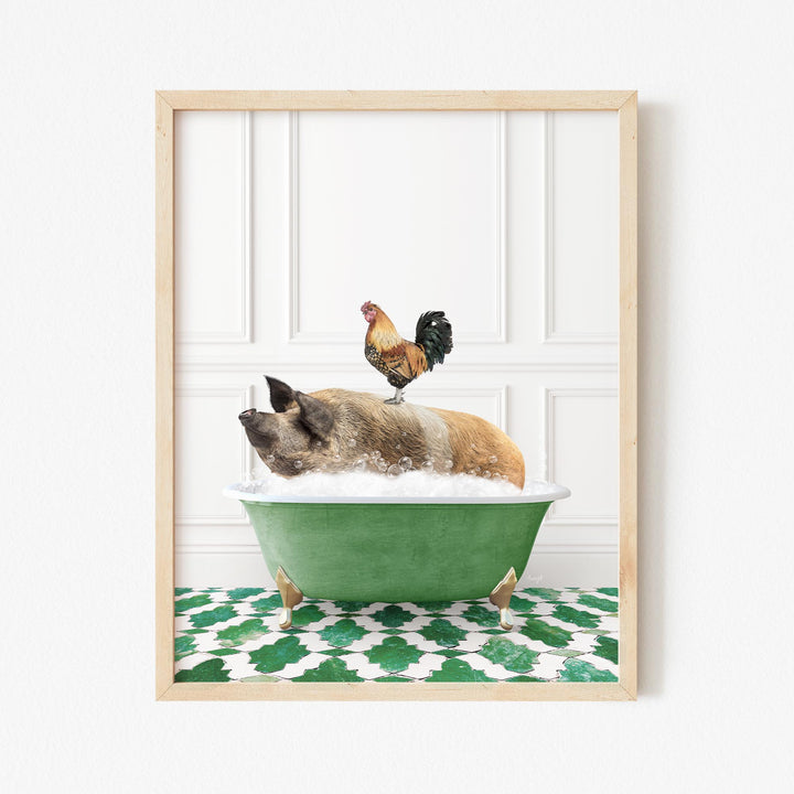 Hog and Rooster in Eclectic Green Panel Wall Bath