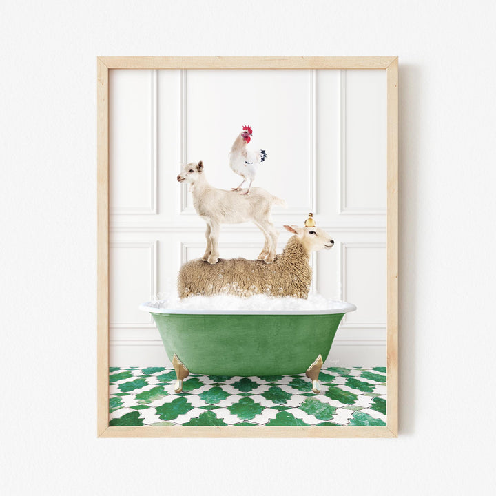 Stacked Farm Animals in Eclectic Green Panel Wall Bath