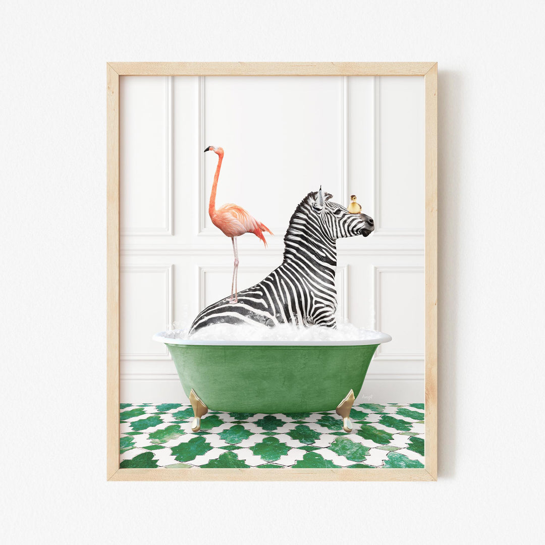 Zebra and Flamingo in Eclectic Green Panel Wall Bath