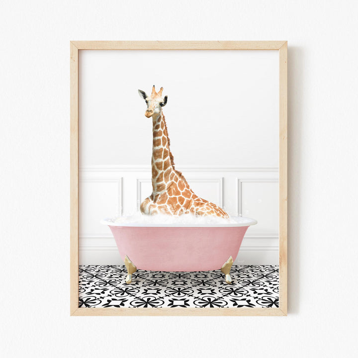 Tall Giraffe in Stencil Tile with Pink Bathtub Bath