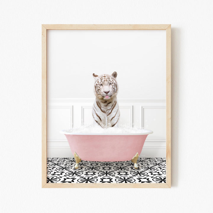 White Tiger in Stencil Tile with Pink Bathtub Bath