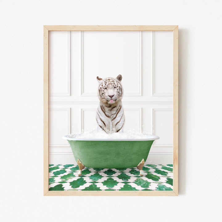 White Tiger in Eclectic Green Panel Wall Bath