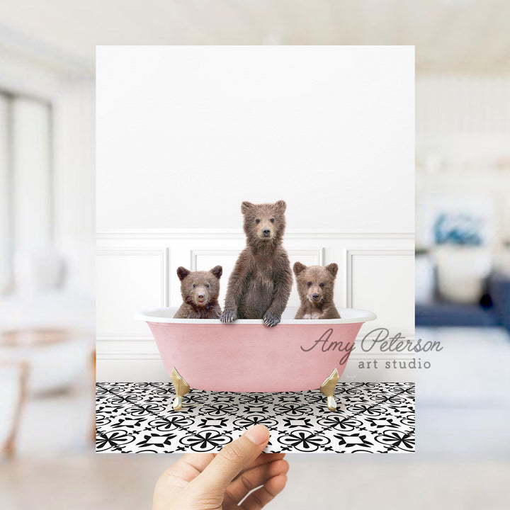Three Bear Cubs in Stencil Tile with Pink Bathtub Bath