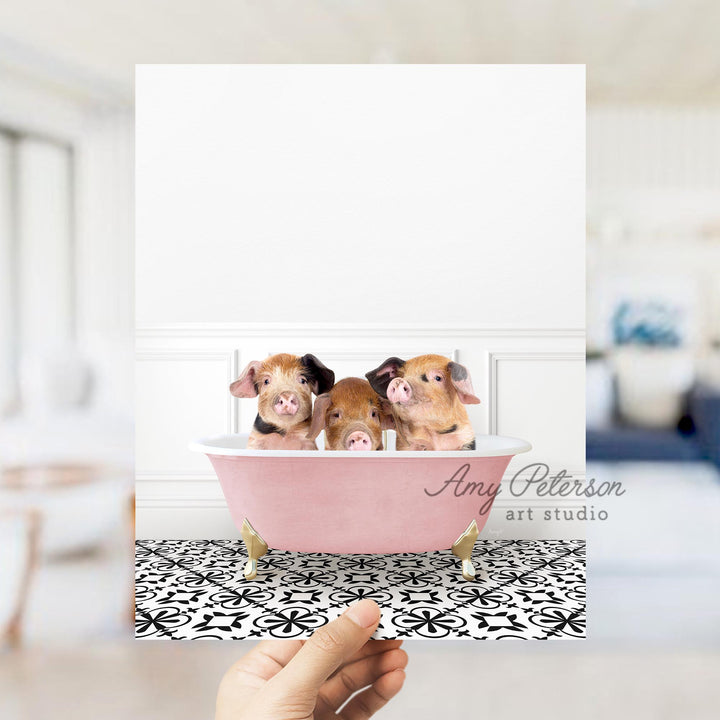 Three Little Pigs in Stencil Tile with Pink Bathtub Bath