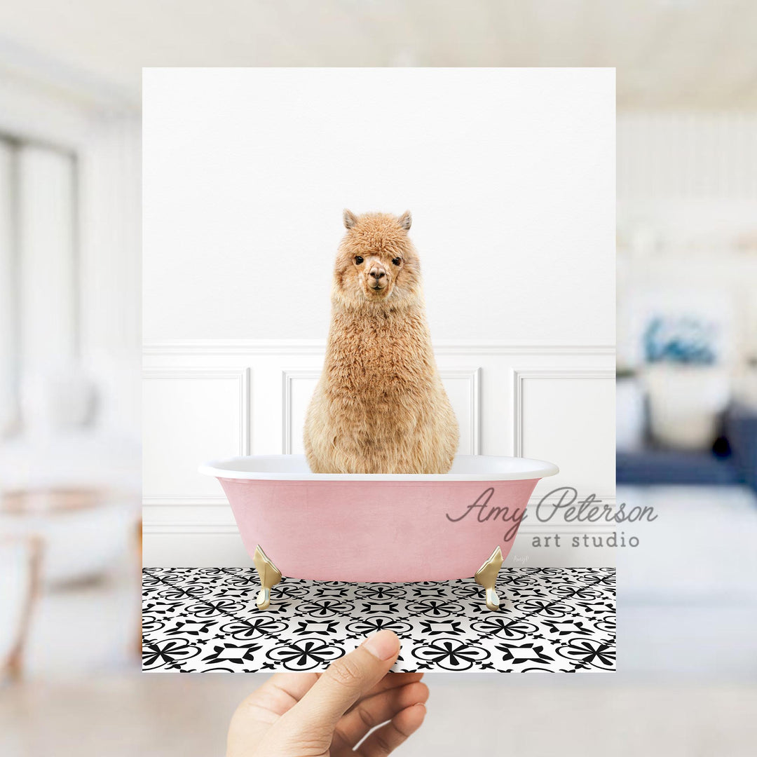 Alpaca in Stencil Tile with Pink Bathtub Bath