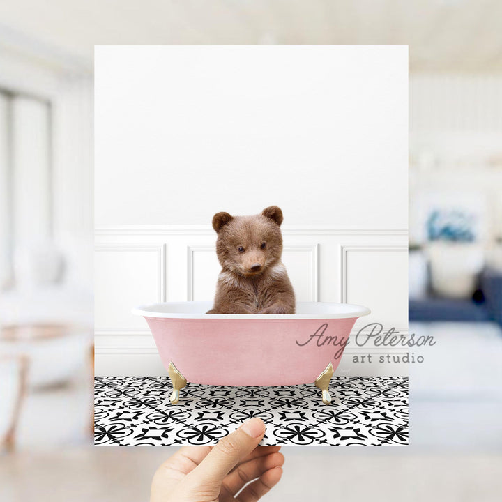 Bear Cub in Stencil Tile with Pink Bathtub Bath