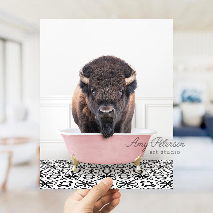 Bison in Stencil Tile with Pink Bathtub Bath