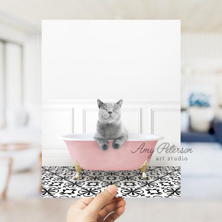 Cat in Stencil Tile with Pink Bathtub Bath