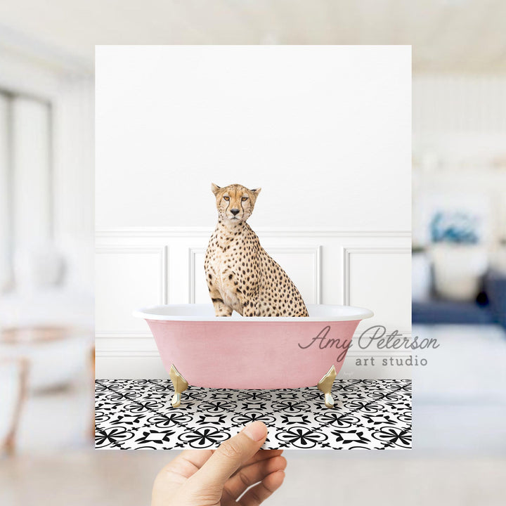 Cheetah in Stencil Tile with Pink Bathtub Bath