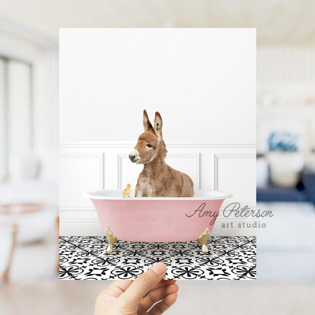 Baby Donkey and Duckling in Stencil Tile with Pink Bathtub Bath
