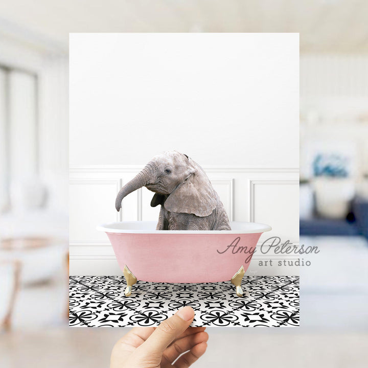 Baby Elephant No1 in Stencil Tile with Pink Bathtub Bath
