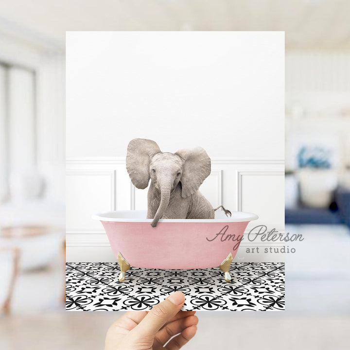 Baby Elephant No4 in Stencil Tile with Pink Bathtub Bath