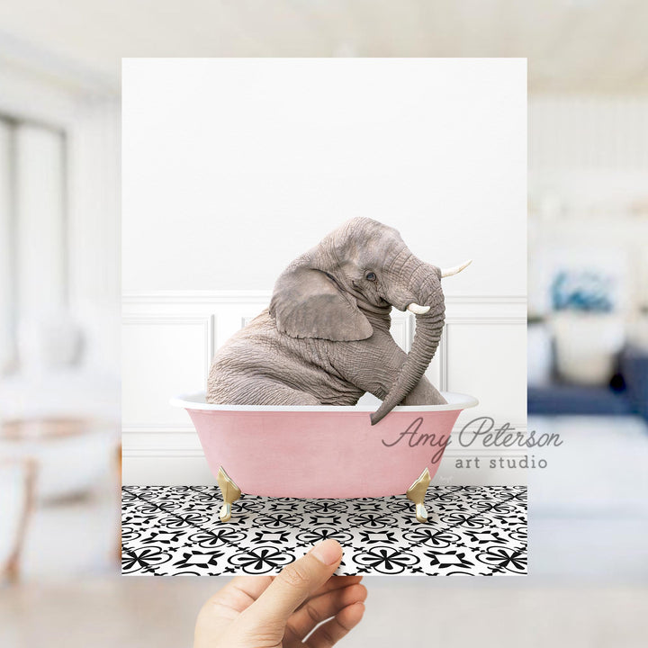 Young Elephant in Stencil Tile with Pink Bathtub Bath