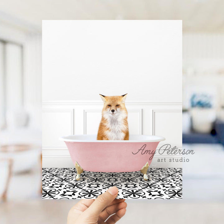 Fox in Stencil Tile with Pink Bathtub Bath