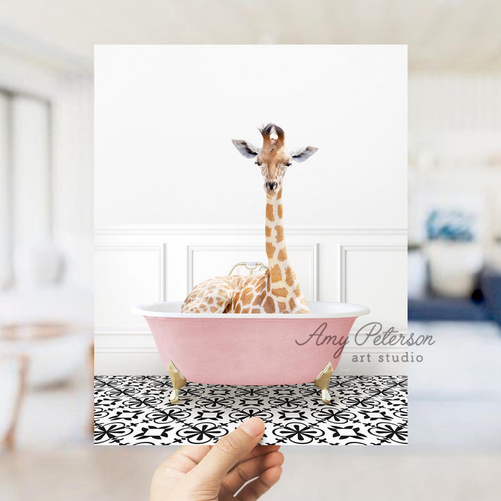 Giraffe in Stencil Tile with Pink Bathtub Bath