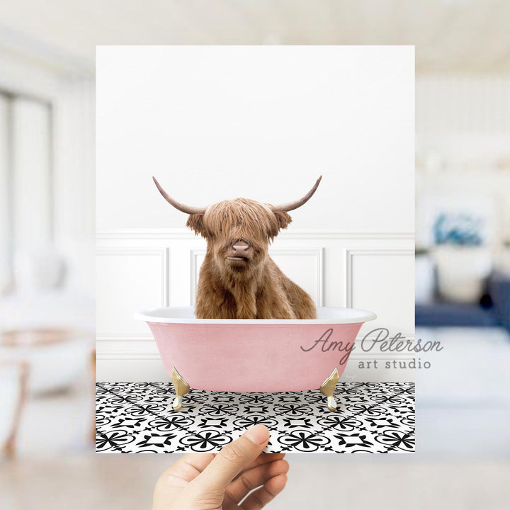 Highland Cow in Stencil Tile with Pink Bathtub Bath