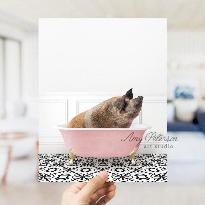 Hog in Stencil Tile with Pink Bathtub Bath
