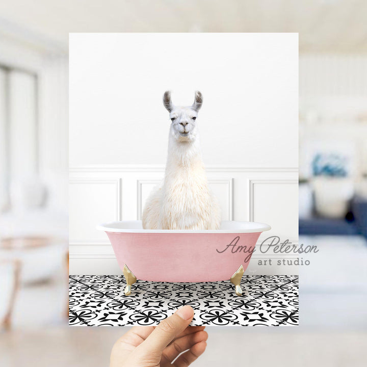 Llama in Stencil Tile with Pink Bathtub Bath