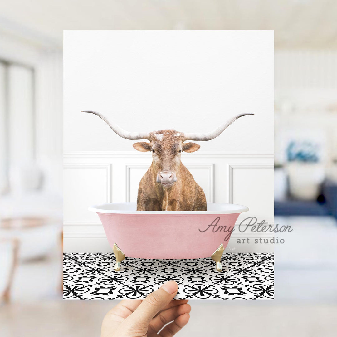 Texas Longhorn Cow in Stencil Tile with Pink Bathtub Bath
