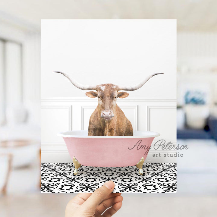 Texas Longhorn Cow in Stencil Tile with Pink Bathtub Bath