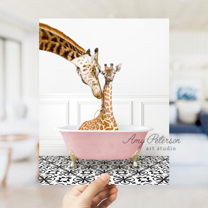 Mother and Baby Giraffe in Stencil Tile with Pink Bathtub Bath