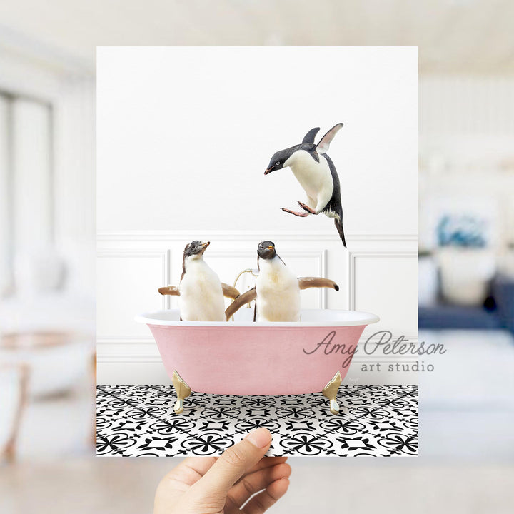 Penguins Playing in Stencil Tile with Pink Bathtub Bath