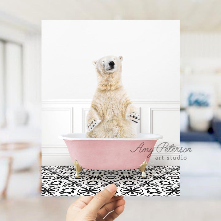 Polar Bear in Stencil Tile with Pink Bathtub Bath