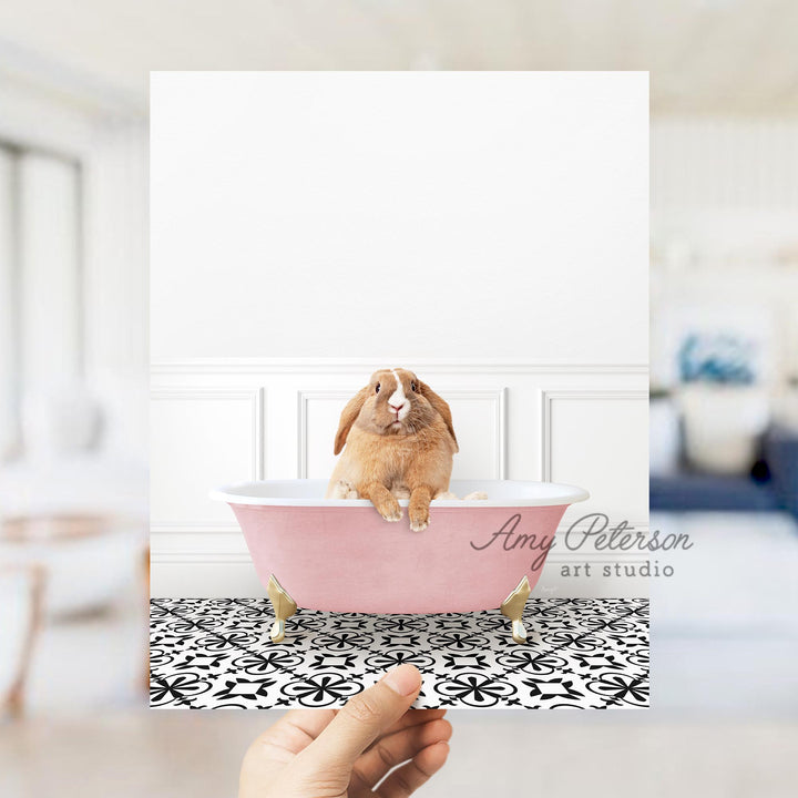 Pudgy Bunny in Stencil Tile with Pink Bathtub Bath
