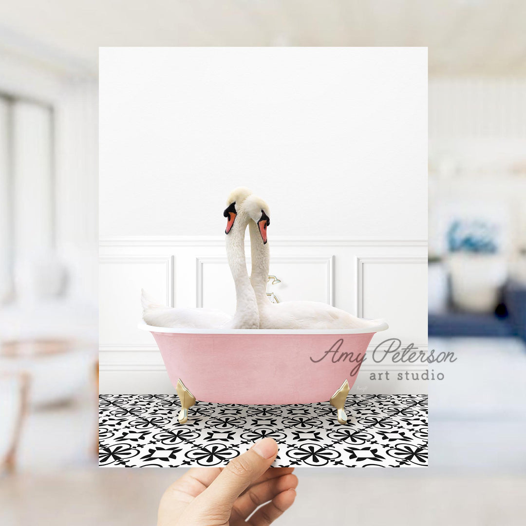Two Swans Hugging in Stencil Tile with Pink Bathtub Bath