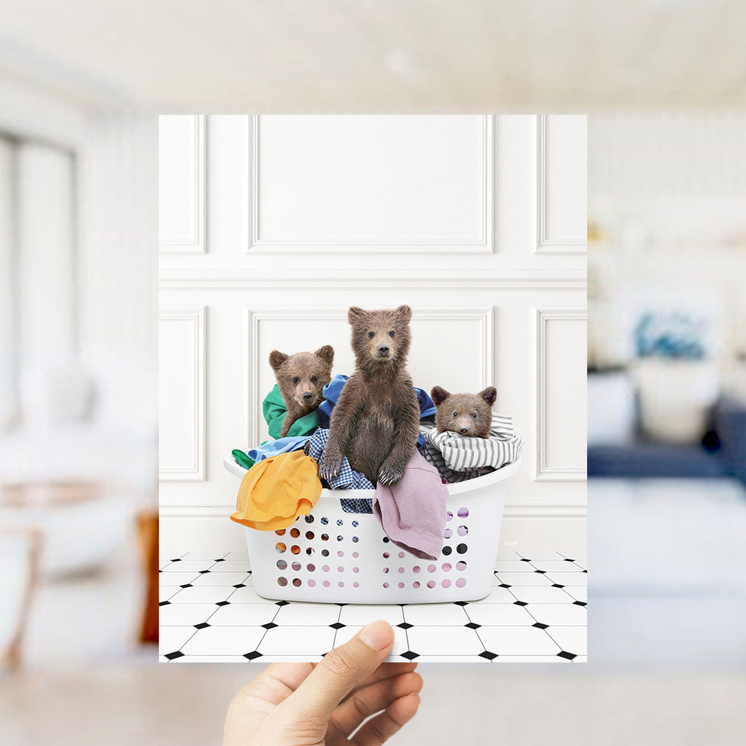 Three Bear Cubs in Laundry Basket - Classic White Floor