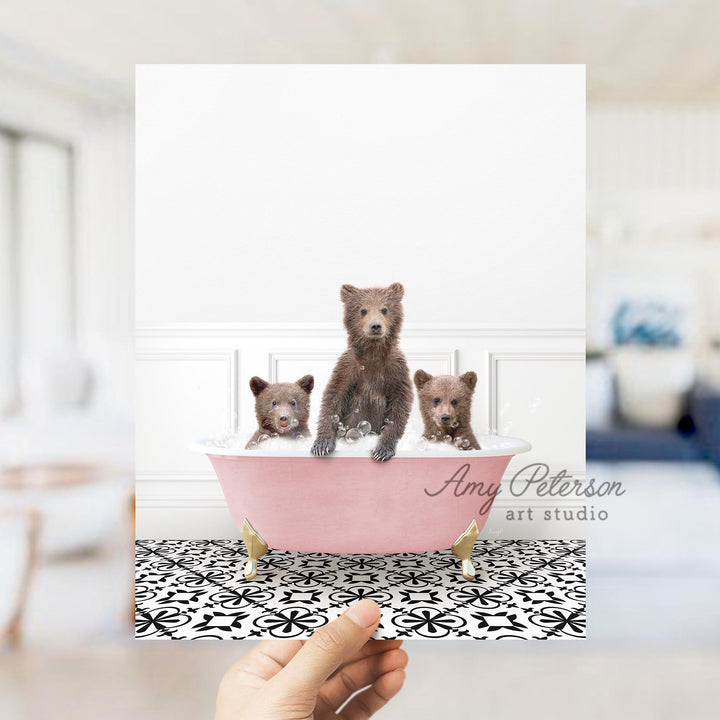 Three Bear Cubs in Stencil Tile with Pink Bathtub Bath