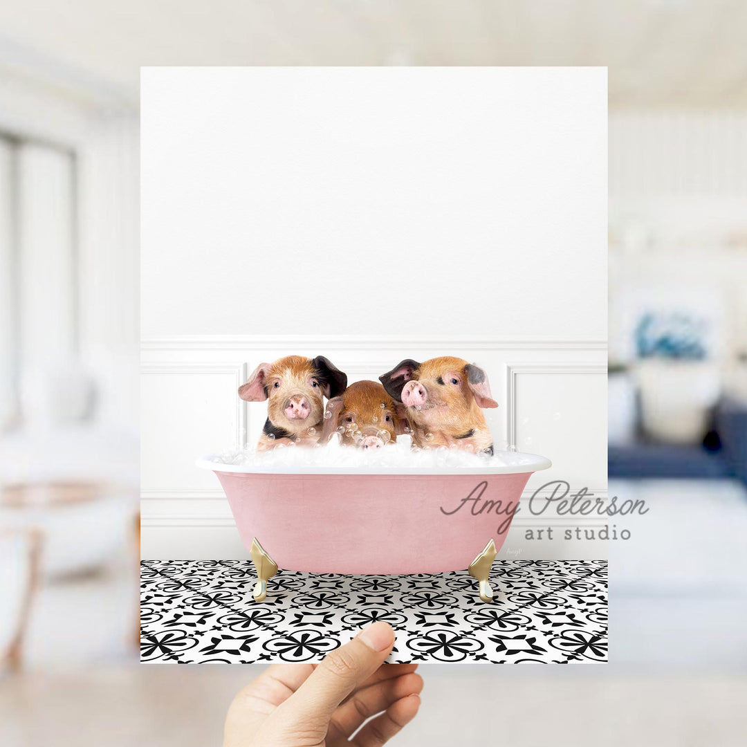 Three Little Pigs in Stencil Tile with Pink Bathtub Bath