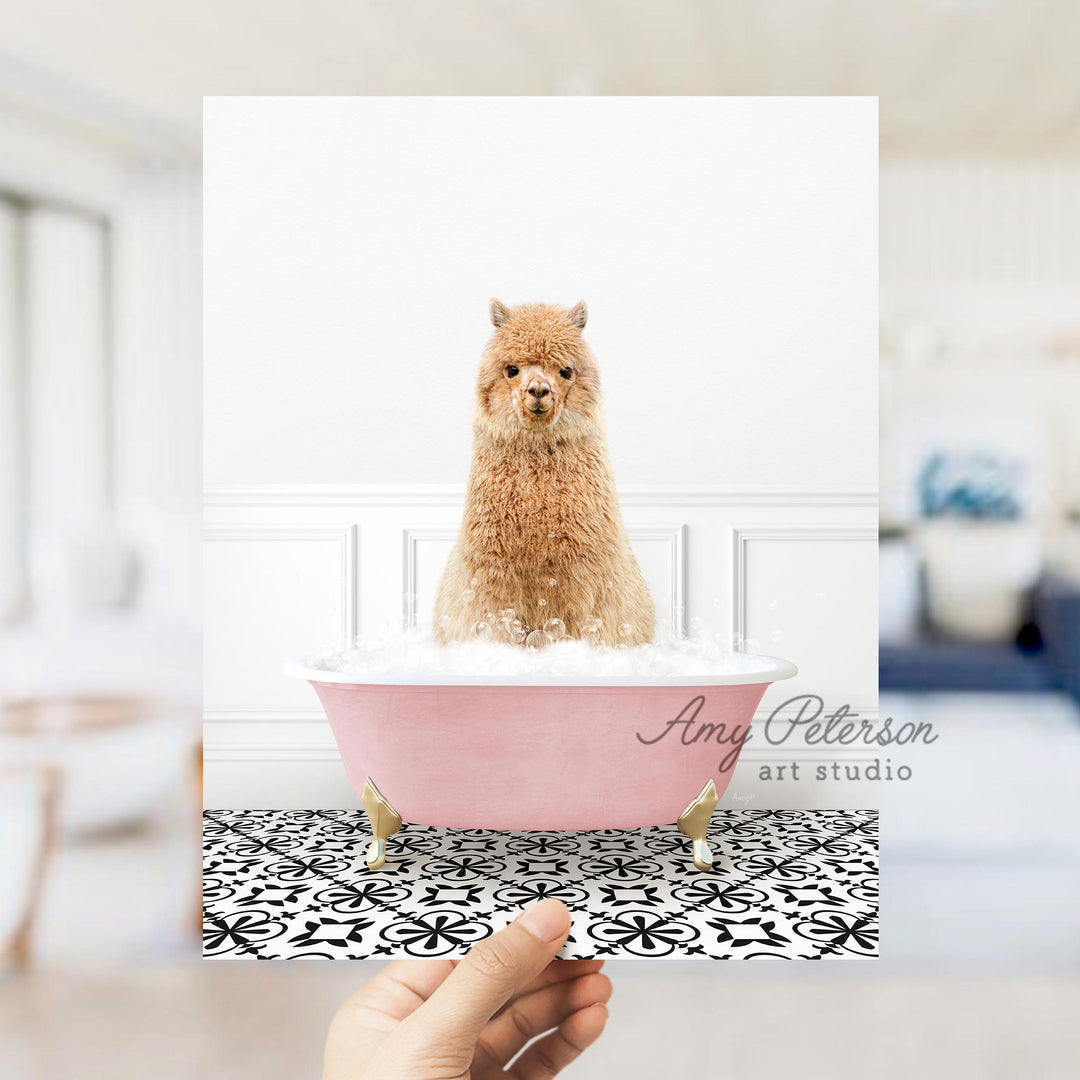 Alpaca in Stencil Tile with Pink Bathtub Bath