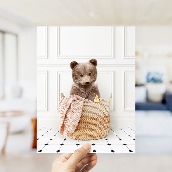 Bear Cub in Laundry Basket - Classic White Floor