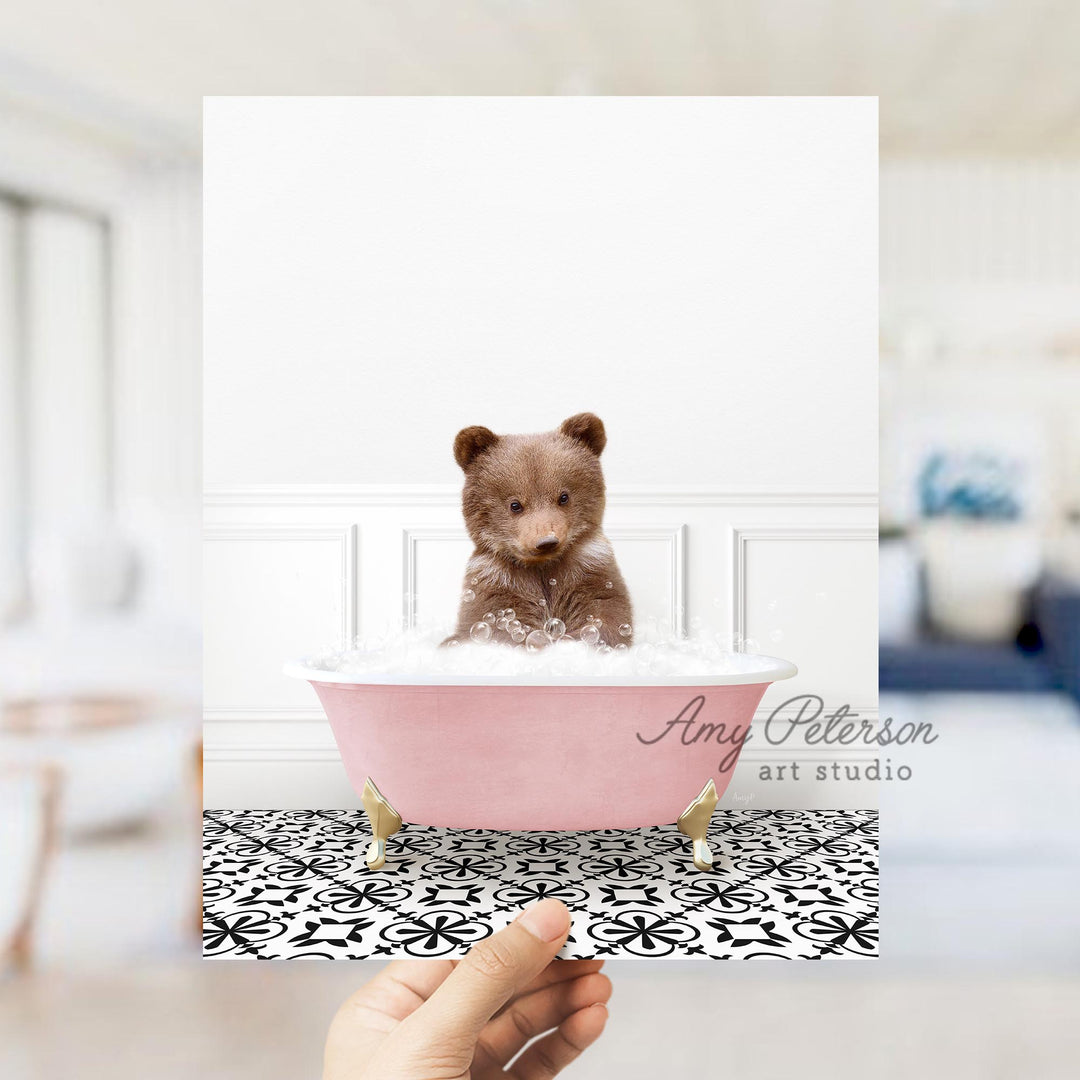 Bear Cub in Stencil Tile with Pink Bathtub Bath